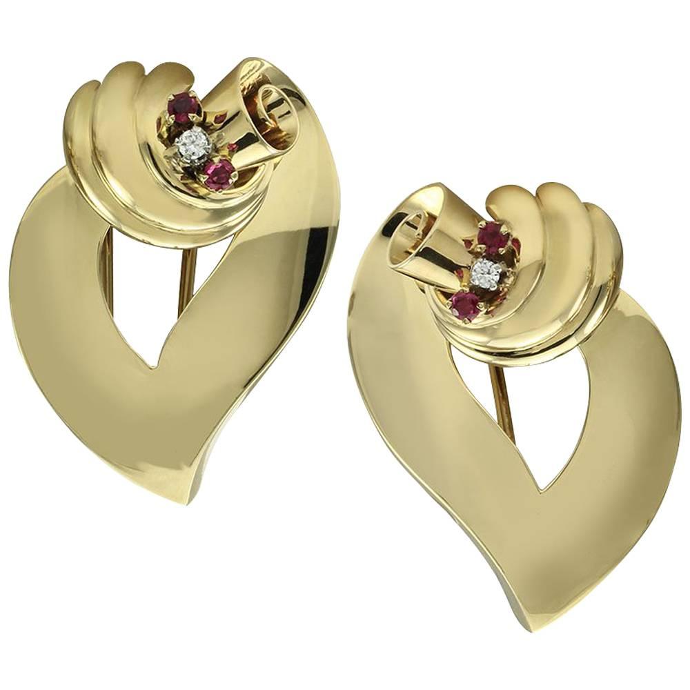 Tiffany & Co. Ruby Diamond Gold Dress Clips For Sale