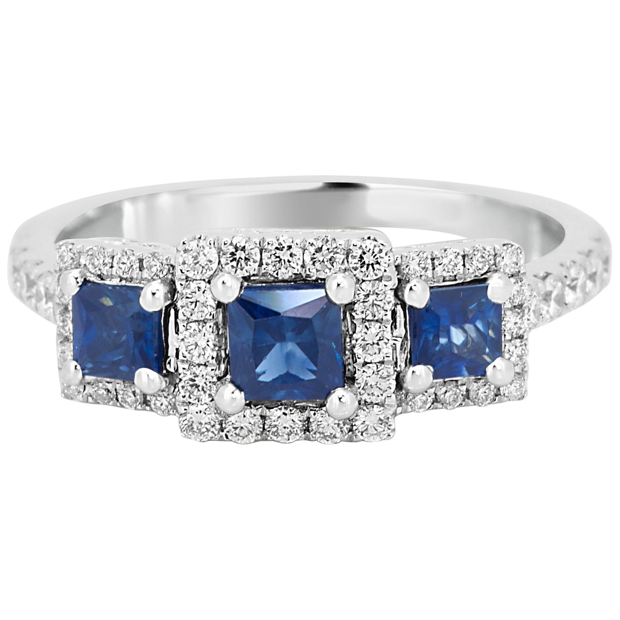 Blue Sapphire Diamond Halo Three Stone Gold Fashion Cocktail Ring