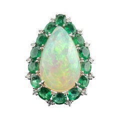 Certified Opal and Emerald Cocktail Ring Set In 18 K White Gold
