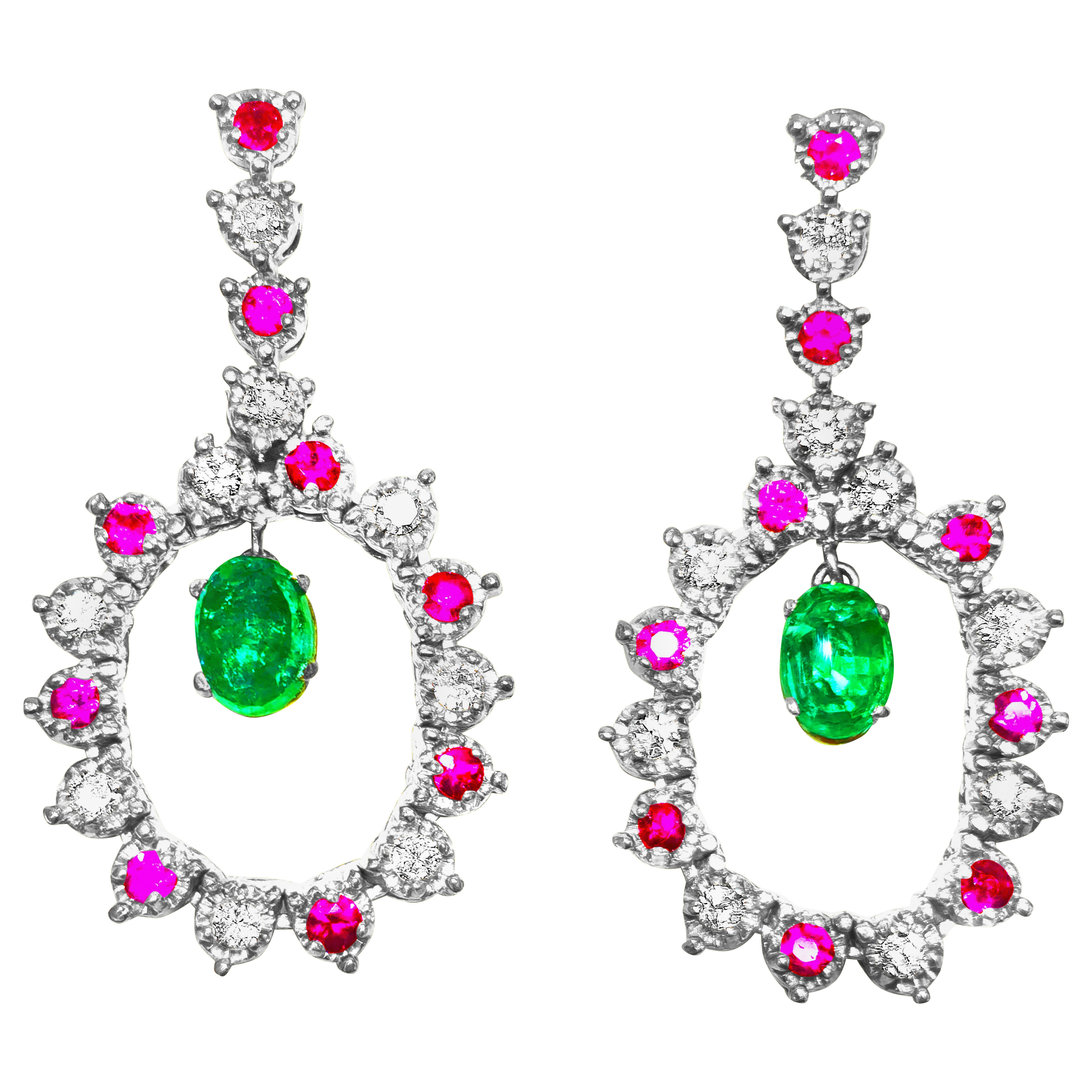 Cocktail Emerald Diamond Ruby Dangle Earrings