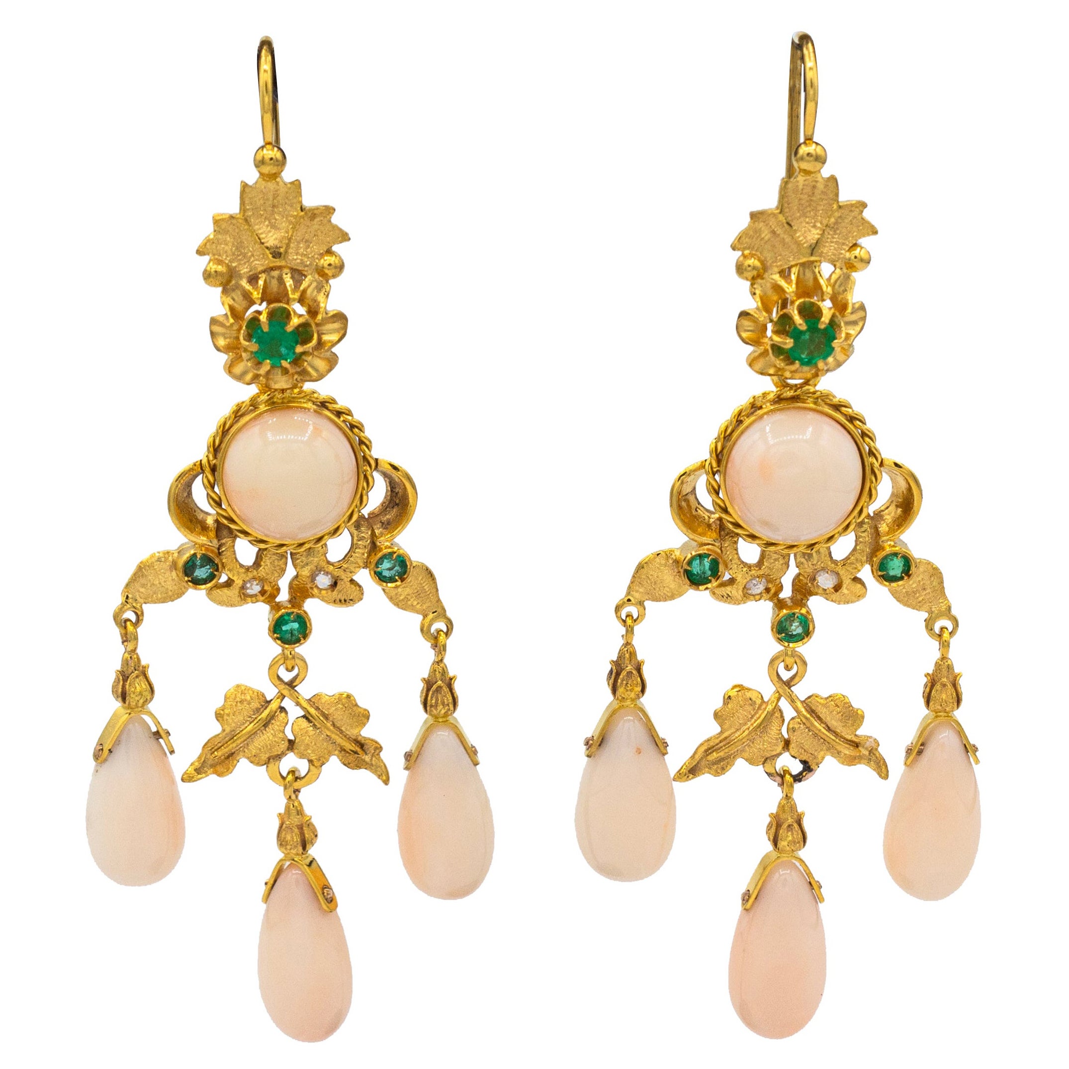 Art Deco Style Pink Coral White Diamond Emerald Yellow Gold Drop Earrings