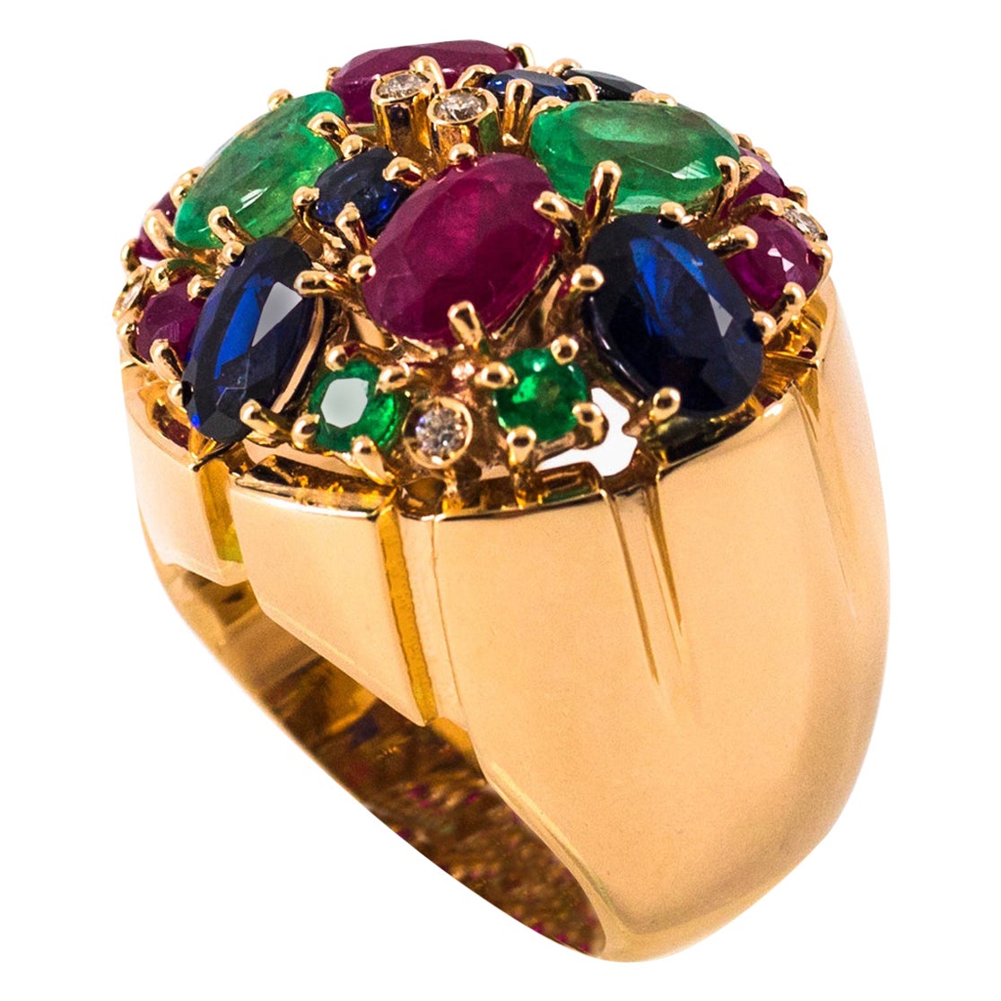 Art Deco White Diamond Ruby Emerald Blue Sapphire Yellow Gold Cocktail Ring