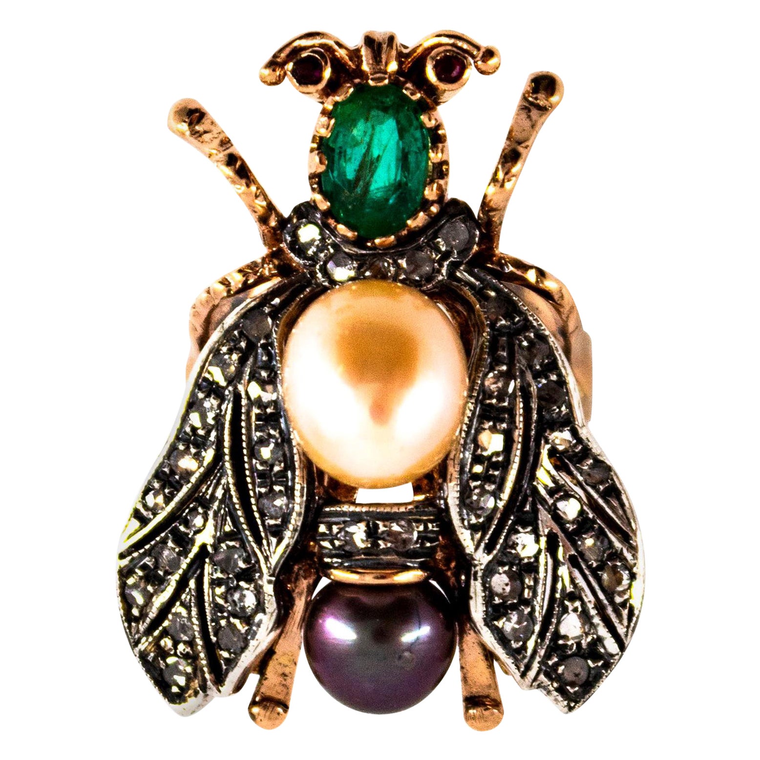 Art Nouveau Diamante Blanco Esmeralda Rubí Perla Cóctel Oro Amarillo Anillo "Cigarra