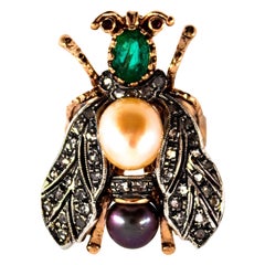 Art Nouveau White Diamond Emerald Ruby Pearl Yellow Gold Cocktail "Cicada" Ring