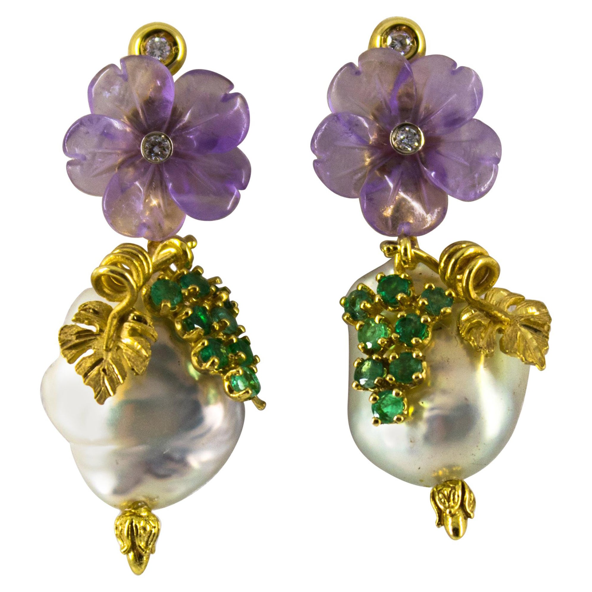 Pendientes Estilo Art Nouveau Diamante Blanco Esmeralda Amatista Perla Oro Amarillo