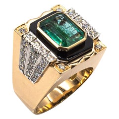 Art Deco Style White Diamond Octagon Cut Emerald Onyx Yellow Gold Cocktail Ring