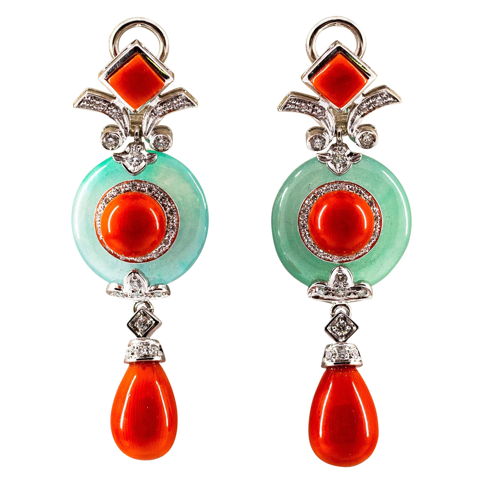 Art Deco Style Mediterranean Red Coral Jade White Diamond White Gold Earrings