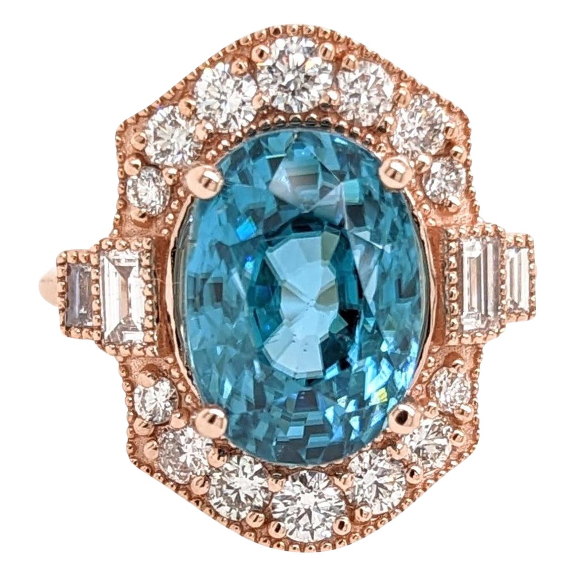 9.4ct Blue Zircon Ring w Earth Mined Diamonds in Solid 14K Rose Gold Oval 12x10