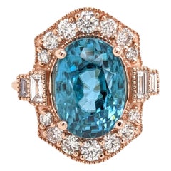 9.4ct Blue Zircon Ring w Earth Mined Diamonds in Solid 14K Rose Gold Oval 12x10