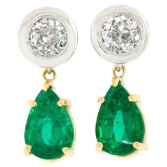 Pendientes colgantes de oro de 14k de 3,31 ct GIA Esmeralda pera biselada Diamante viejo europeo