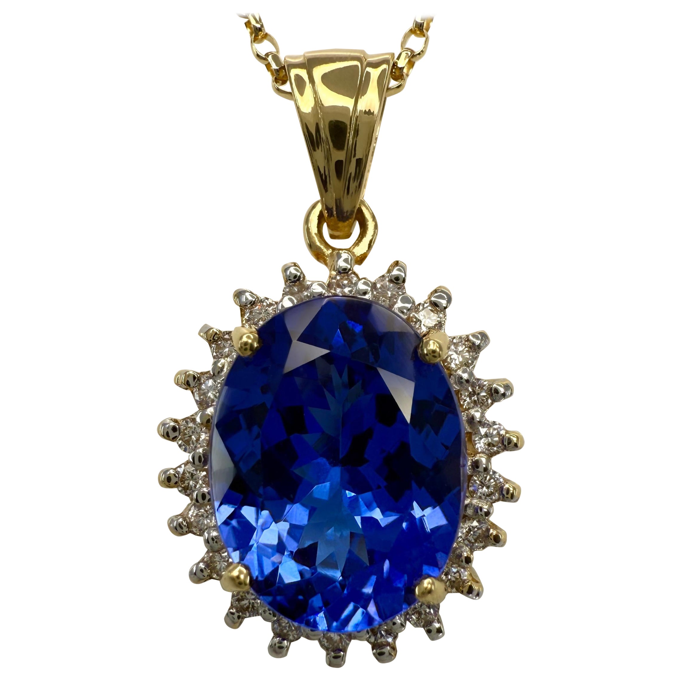3.55ct Natural Vivid Blue Purple Tanzanite Diamond 18k Yellow Gold Halo Pendant For Sale