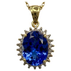 3.55ct Natural Vivid Blue Purple Tanzanite Diamond 18k Yellow Gold Halo Pendant