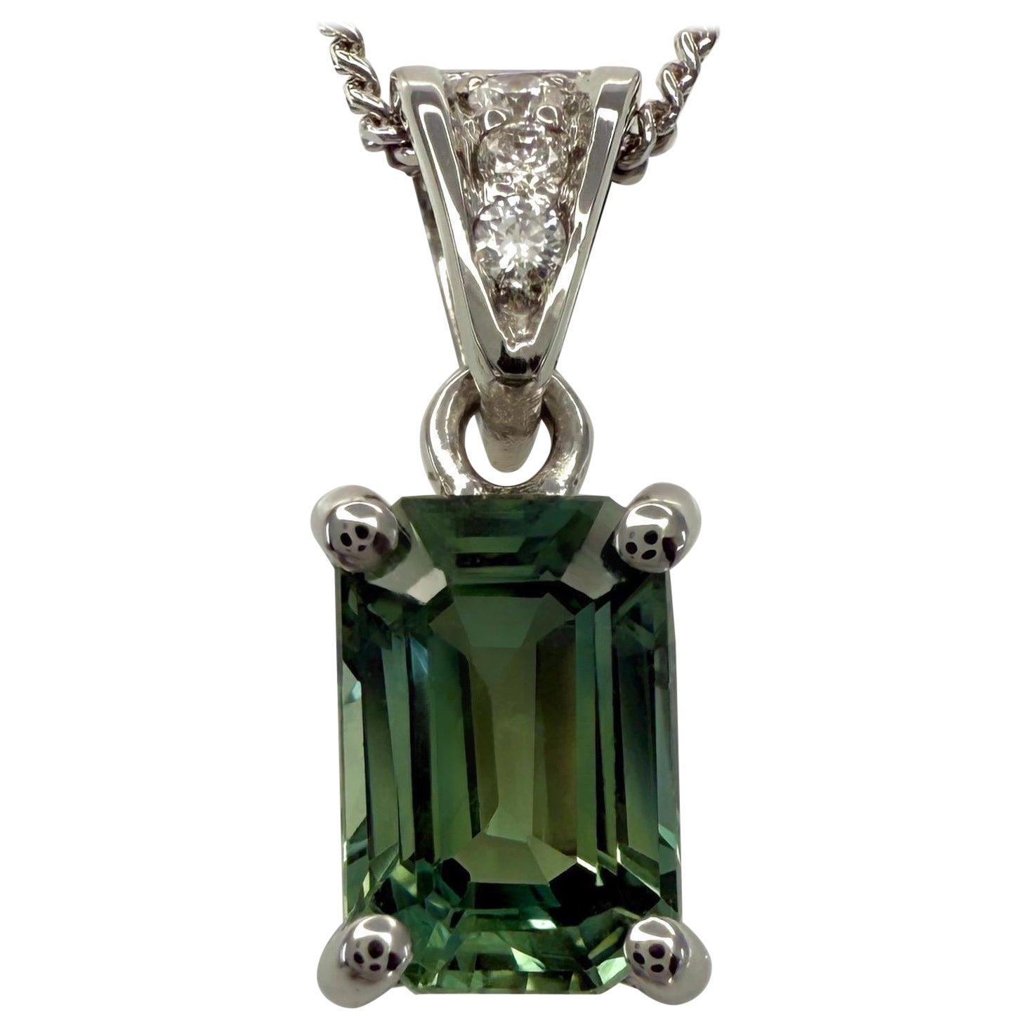 1.16ct Vivid Green Sapphire & Diamond Platinum Emerald Cut Solitaire Pendant