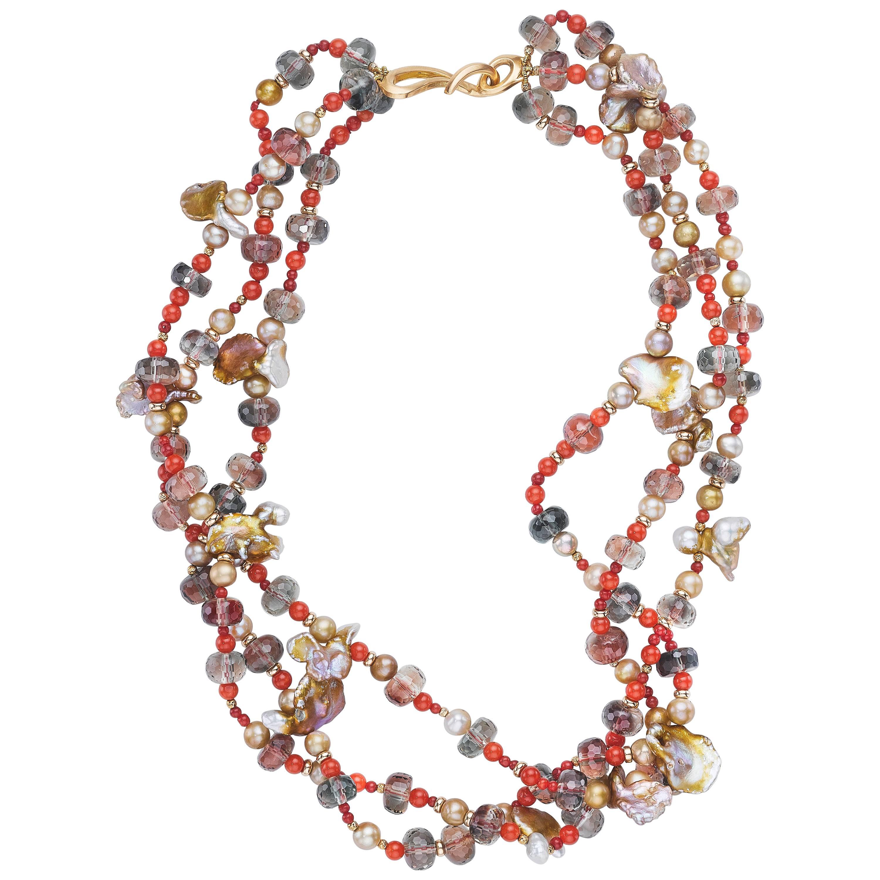 Naomi Sarna Pearl Sunstone Coral Gold Necklace For Sale