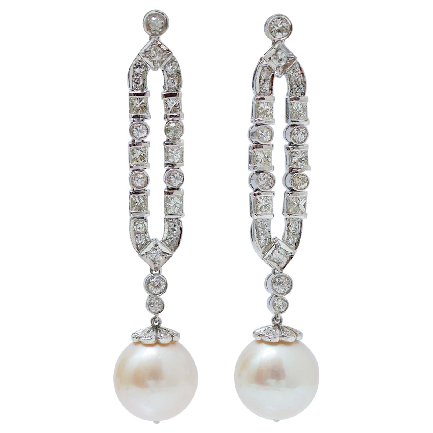 13 Mm White Pearls, Diamonds, Platinum Earrings.