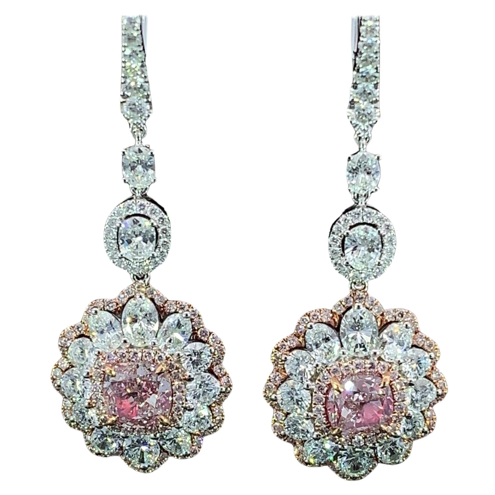 GIA Certified 2.01 Carat Light Pink & White Diamond Drop 18K Earrings