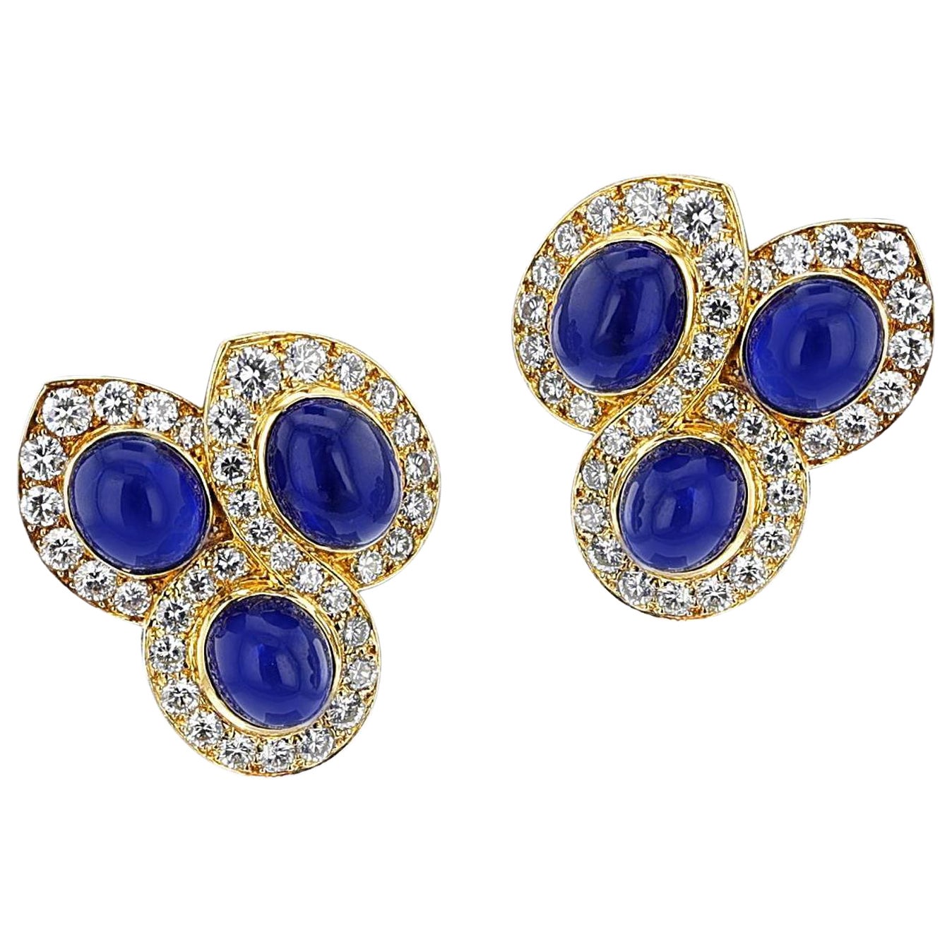 Van Cleef & Arpels Natural Sapphire Cabochon and Diamond Earrings, 18k