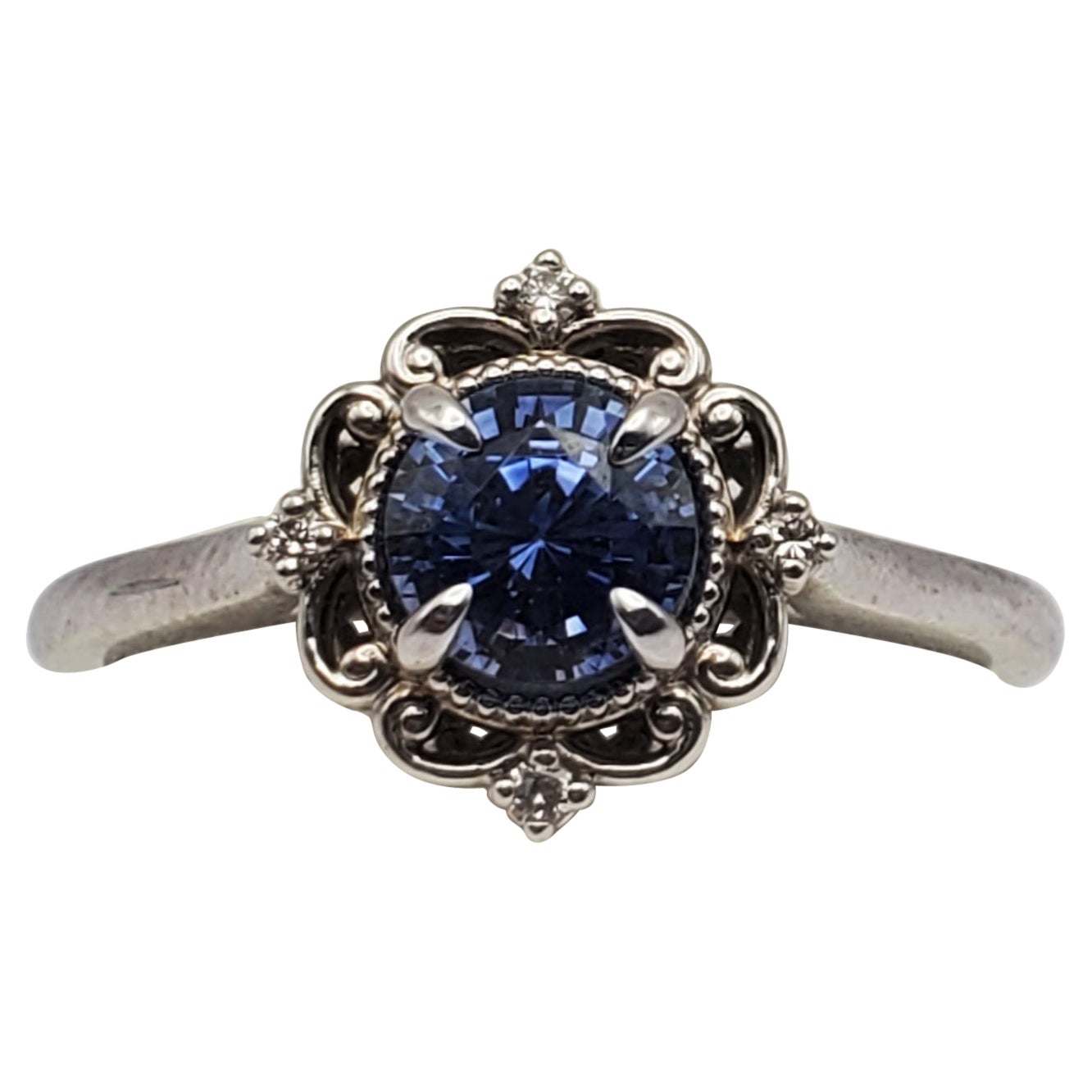 14W Zafiro Azul Natural y Diamante Anillo Estilo Vintage