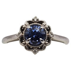 14W Zafiro Azul Natural y Diamante Anillo Estilo Vintage
