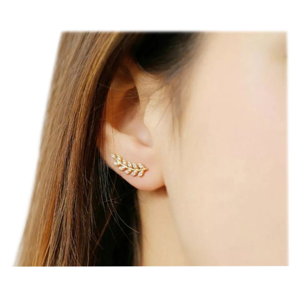 14k Solid Gold Ear Cuff Leaf Design Diamond Earrings Studs Leaves Designer Studs