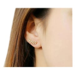 14k Solid Gold Ear Cuff Leaf Design Diamond Earrings Studs Leaves Designer Studs