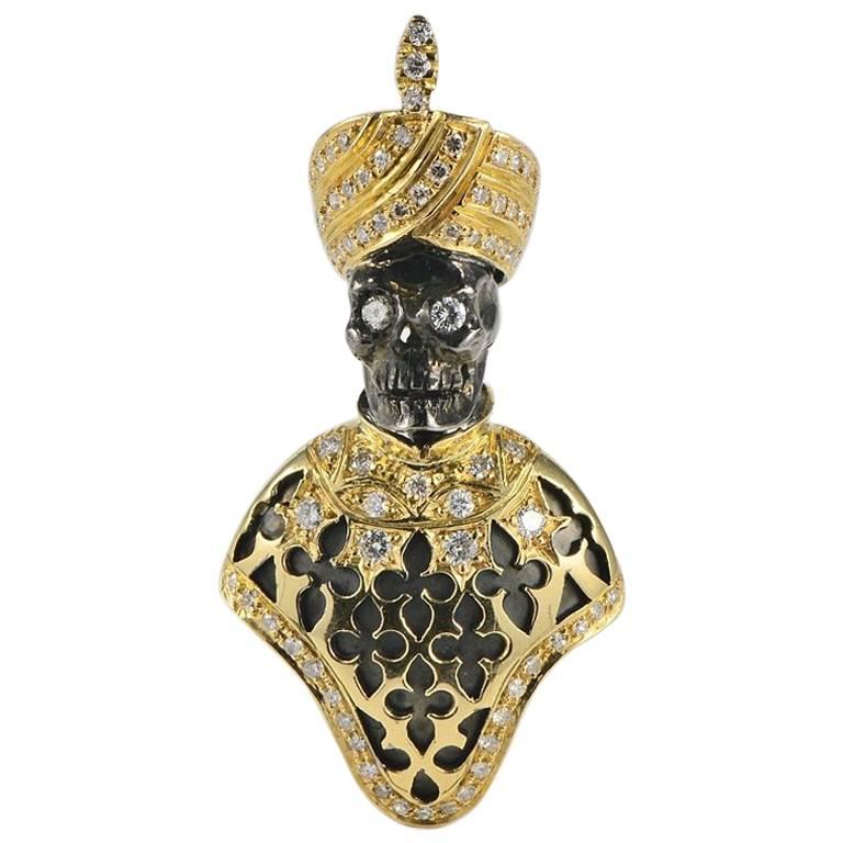 Rare Memento Mori Skull Black Moor Diamond Gold Brooch Pendant For Sale