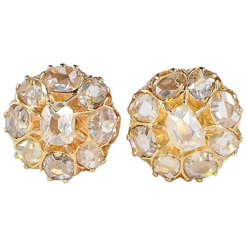 Victorian 2.20 Carat Old Table Cut Diamond Gold Stud Cluster Earrings