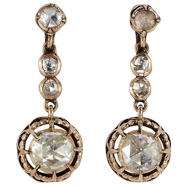 Georgian 3.90 Carat Dutch Rose Cut Diamond Gold Drop Earrings