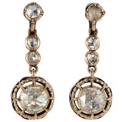 Antique Georgian 3.90 Carat Dutch Rose Cut Diamond Gold Drop Earrings