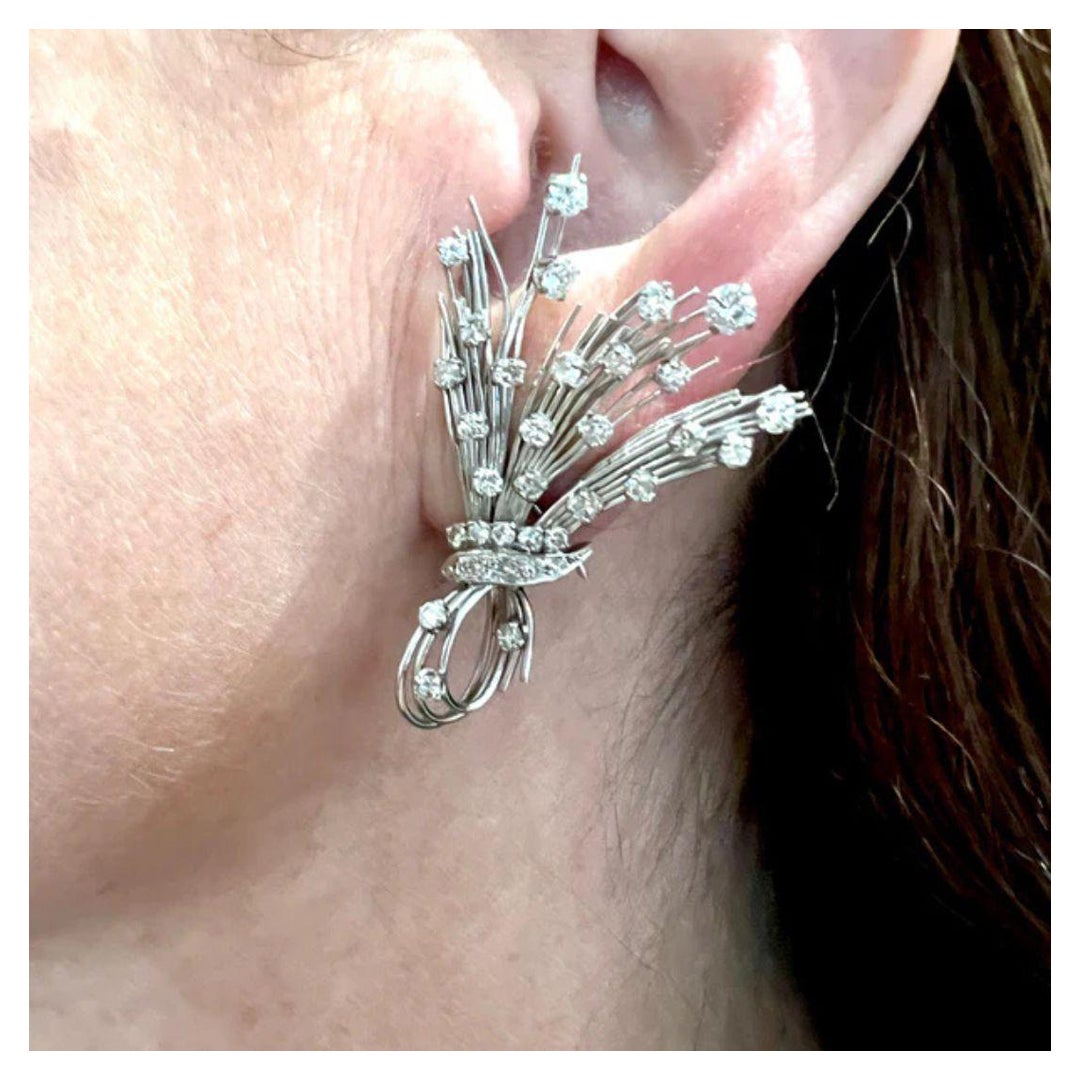 Wheat Motif Diamond Earrings in 18K White Gold with Round Brilliant Diamonds