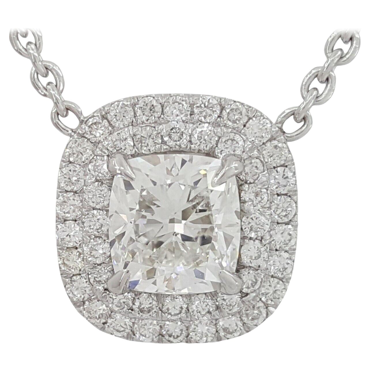 GIA 1 Carat Cushion Brilliant Cut Diamond Double Halo Pendant / Necklace 16". For Sale