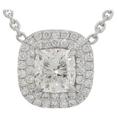 GIA 1 Carat Cushion Brilliant Cut Diamond Double Halo Pendant / Necklace 16".