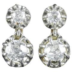 Antique Victorian French 1.66 Carat Old Cut Diamond Gold Double Drop Earrings
