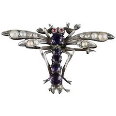 Antique Victorian Pearl Ruby Amethyst Silver Dragonfly Brooch Circa 1880 5