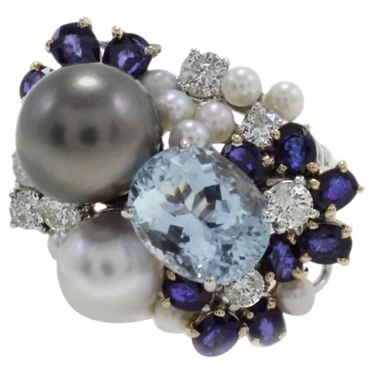 Aquamarine, Sapphires, Diamonds, Pearls, 14 Kt White and Rose Cluster Gold Ring. For Sale