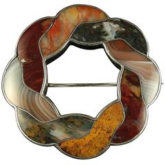 Antique Victorian Scottish Plaid Agate Silver Brooch Circa 1860
