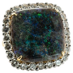 Anello con diamante naturale e opale nero in oro 14K Cocktail Vintage