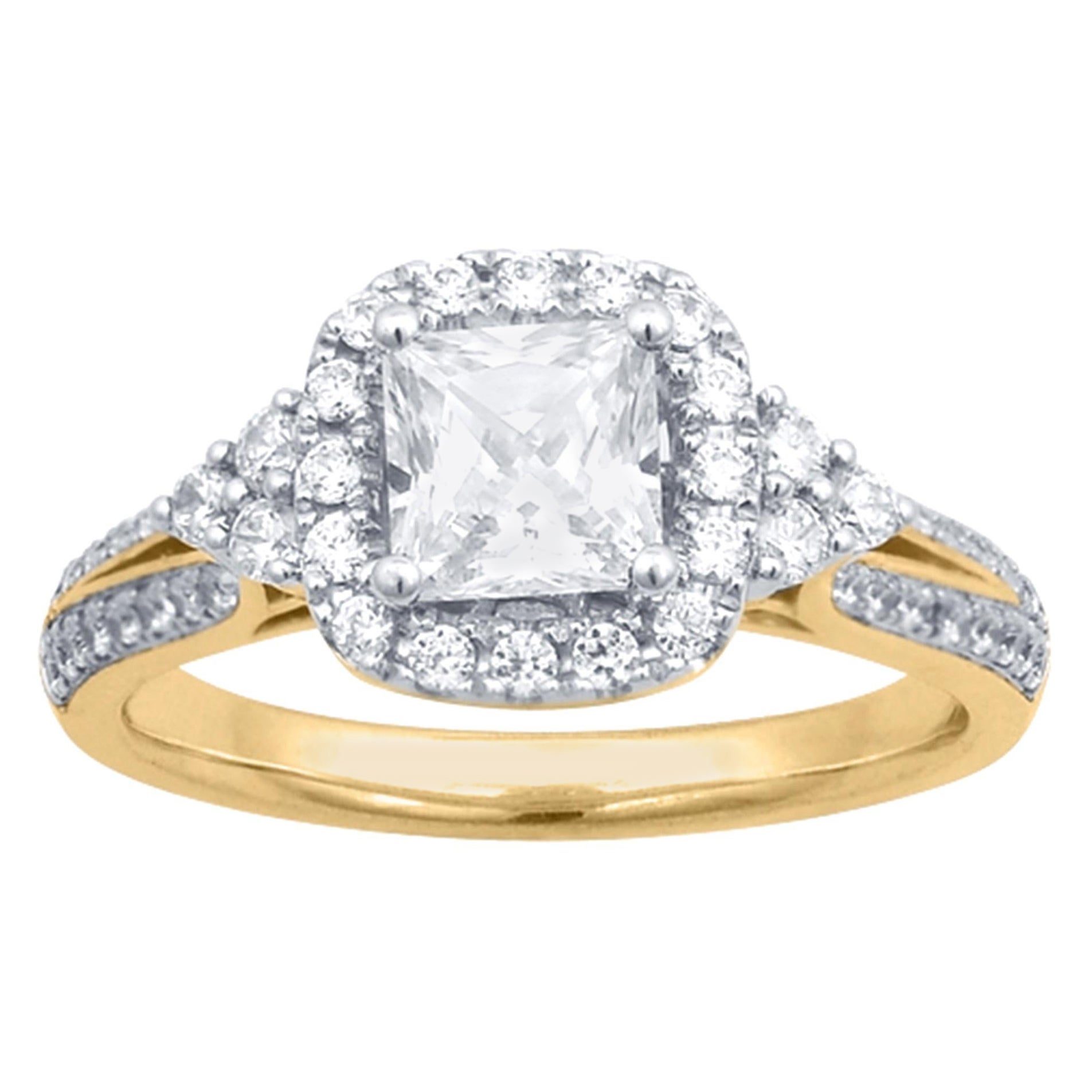 TJD 1.23 Carat Round & Princess Cut Diamond 14 Karat Yellow Gold Engagement Ring
