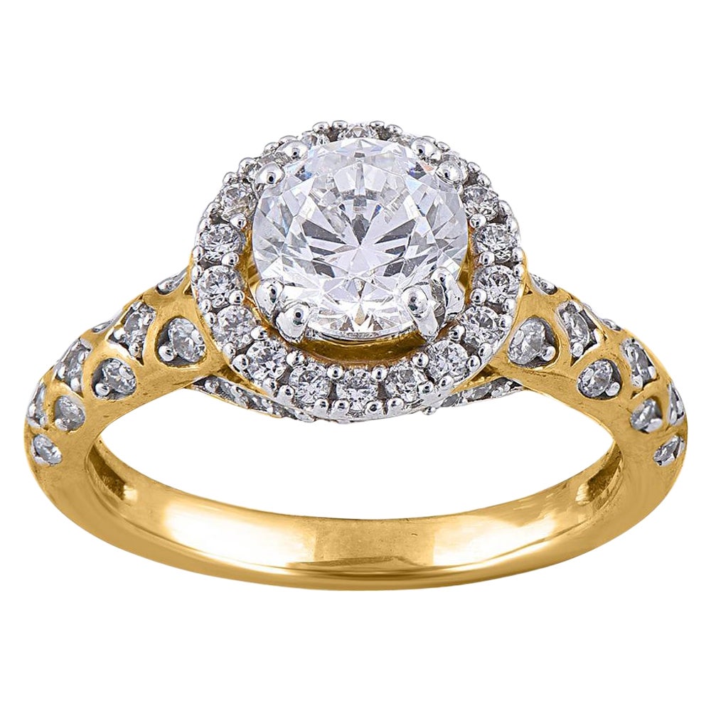 TJD 1.50 Carat Round Diamond 18 Karat Yellow Gold Halo Engagement Wedding Ring