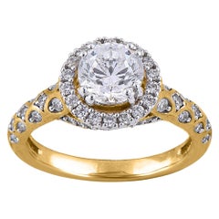 TJD 1.50 Carat Round Diamond 18 Karat Yellow Gold Halo Engagement Wedding Ring