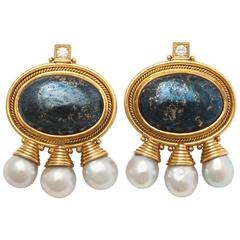 Retro 1990s Elizabeth Gage Grey Goldstone Pearls Diamond Gold Earrings