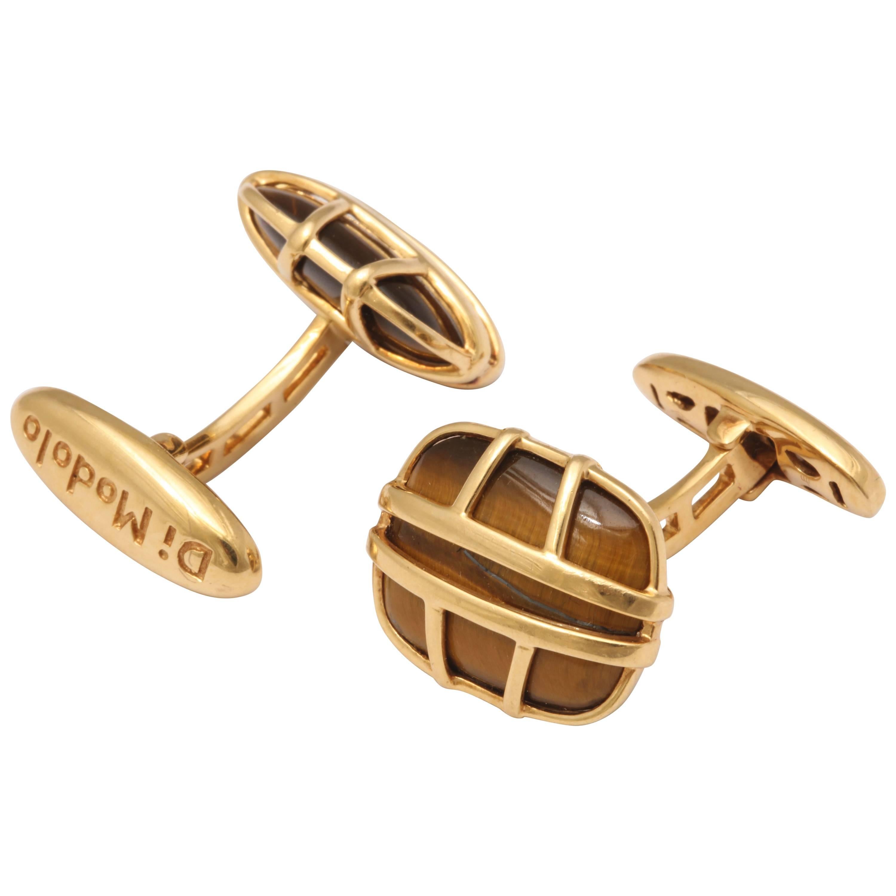 1990s Di Modolo Tiger's Eye in the Cage Flip Up Gold Cufflinks For Sale