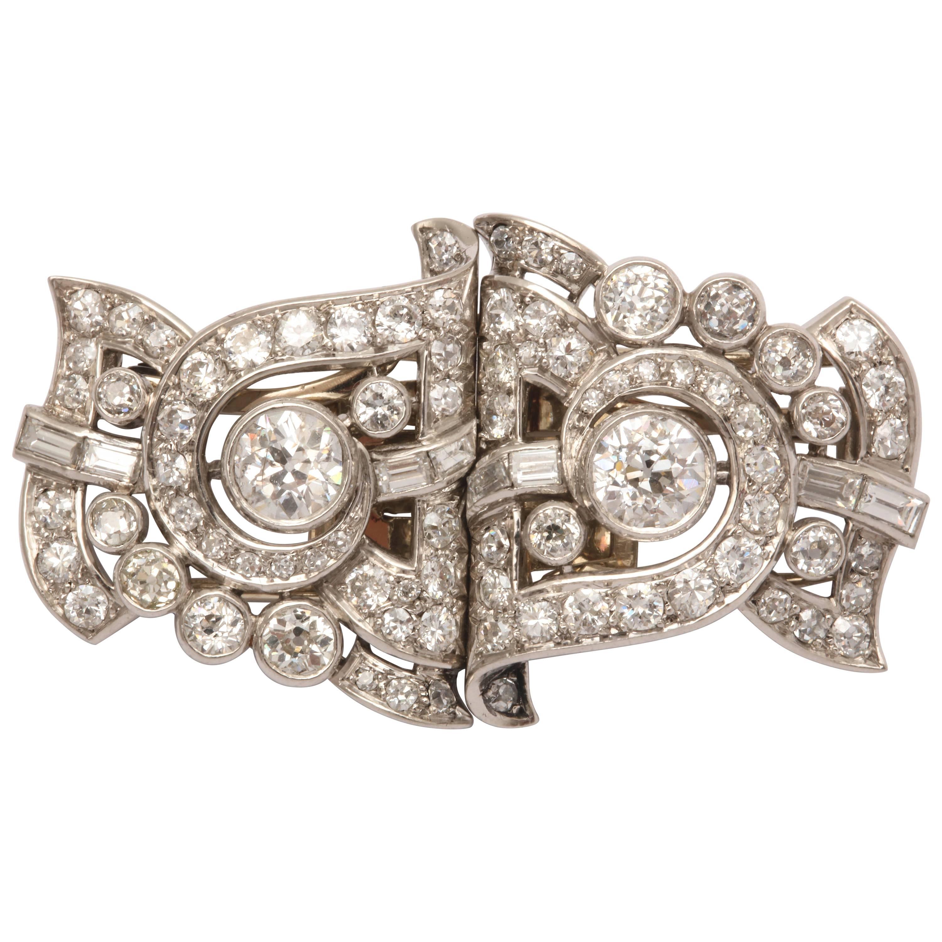 1930s Mixed Cut Round and Baguette Cut Diamond Platinum Clip Brooches