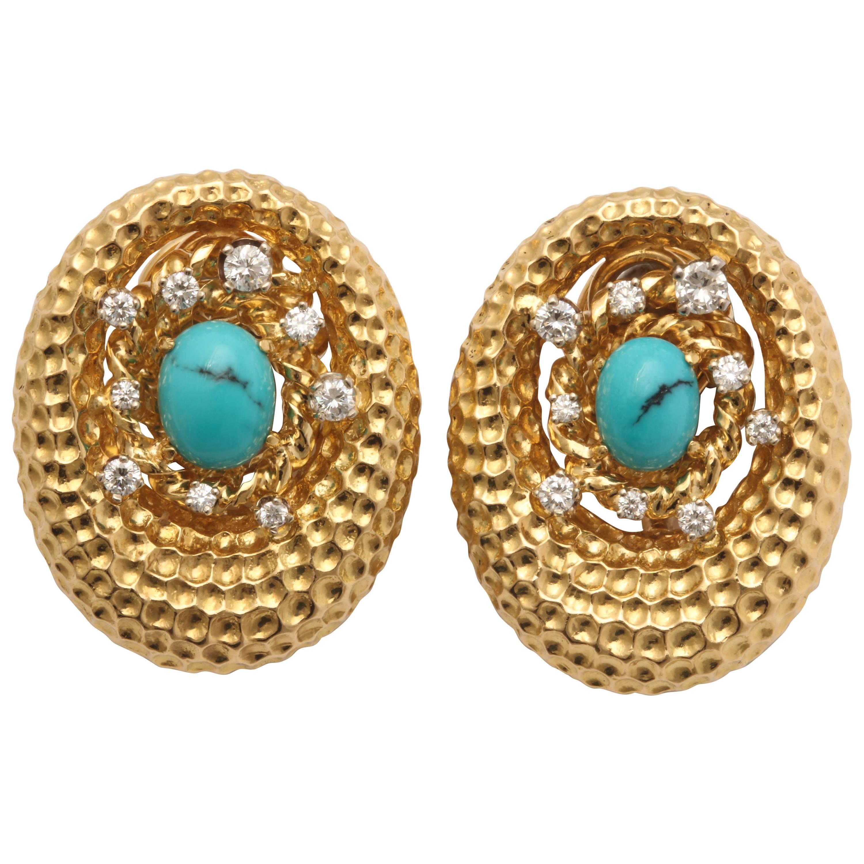 1960s Chic Oval Shaped Turquoise with Diamonds Gold Crater Design Earclips