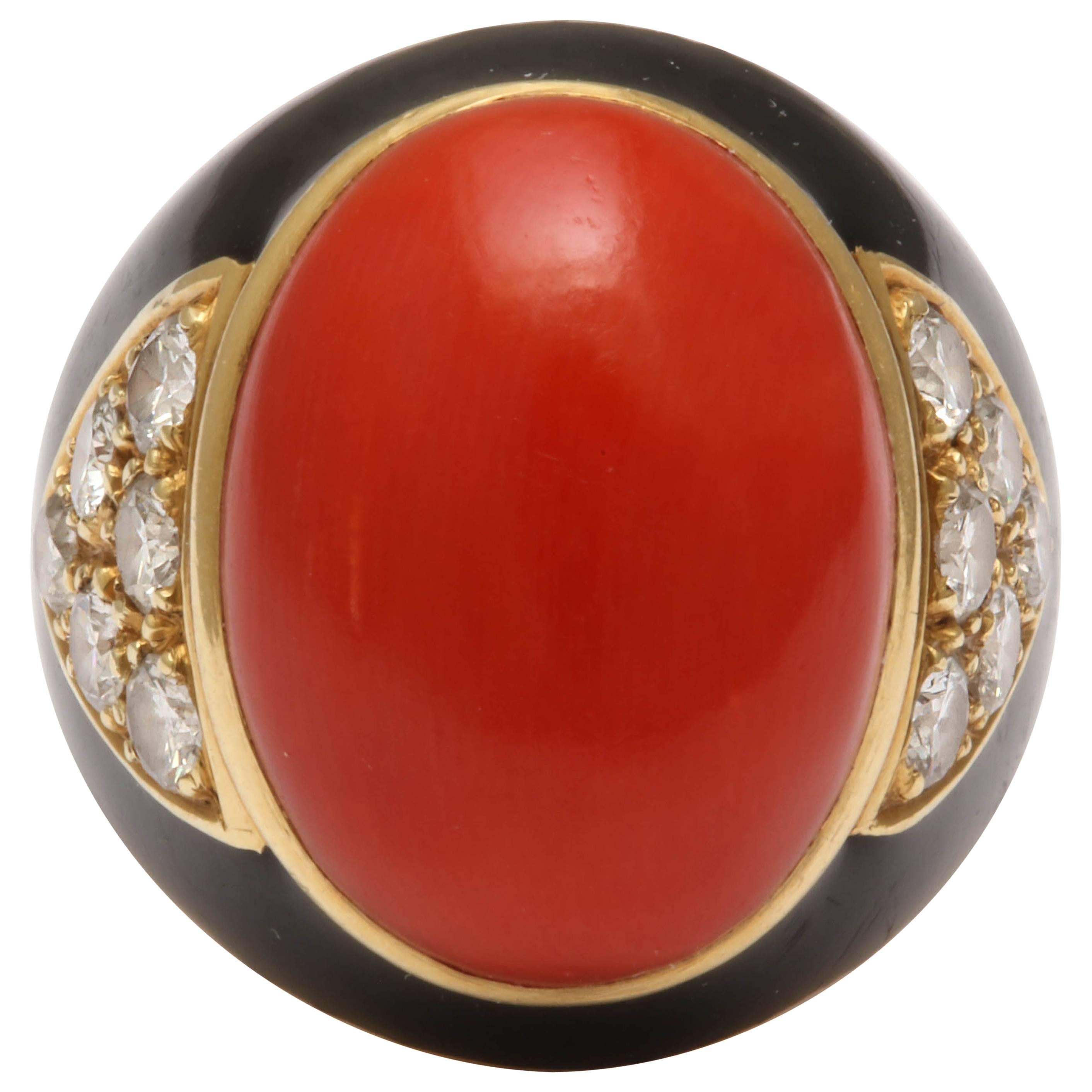 1970
s  Oxblood Coral Black Enamel  Diamond Gold Dome Ring
