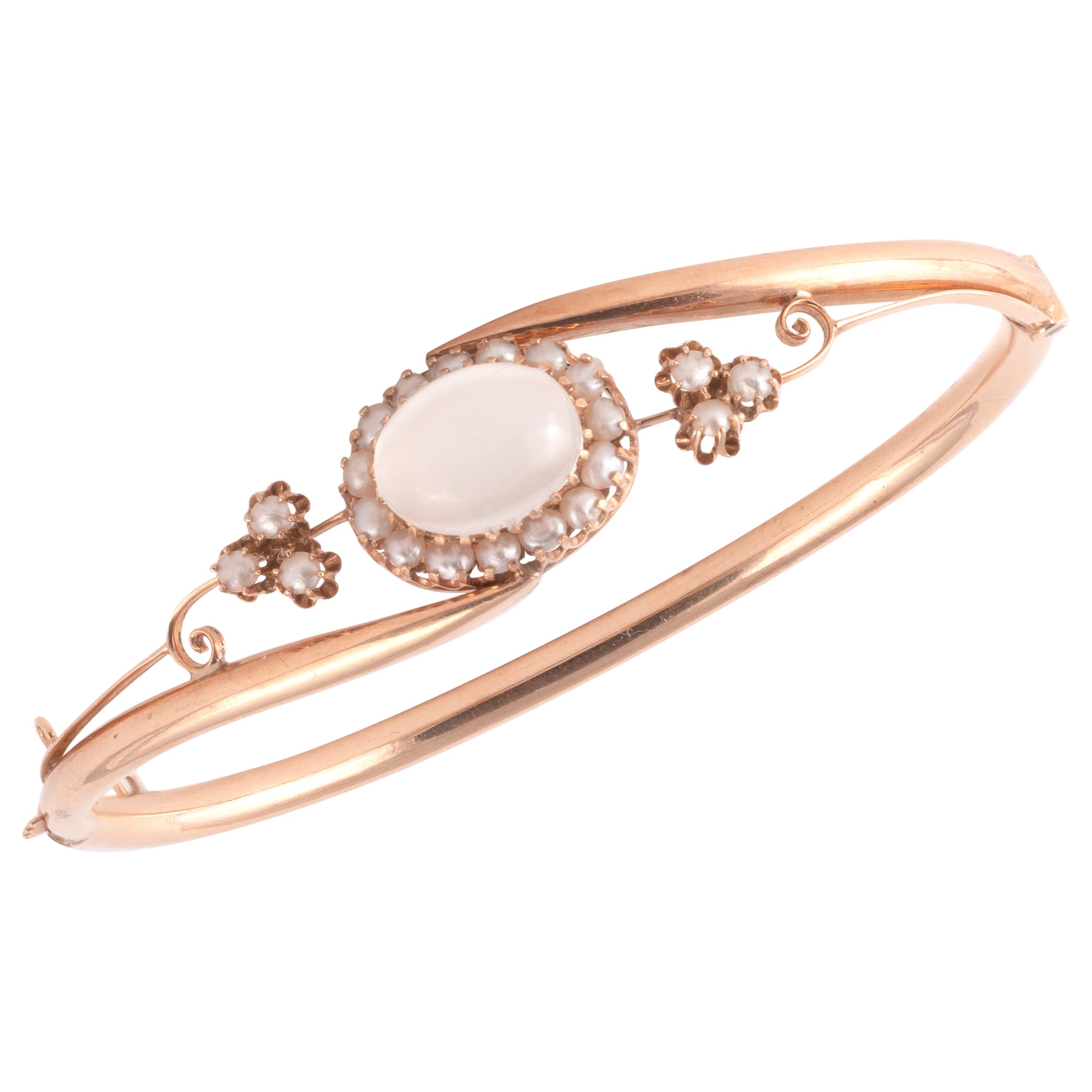 Victorian Antique Cabochon Moonstone Pearl And Gold Bangle Bracelet For Sale