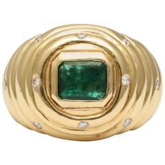 Retro 1980's Bezel Set Rectangular  Emerald  Diamond Gold  Dome Ring