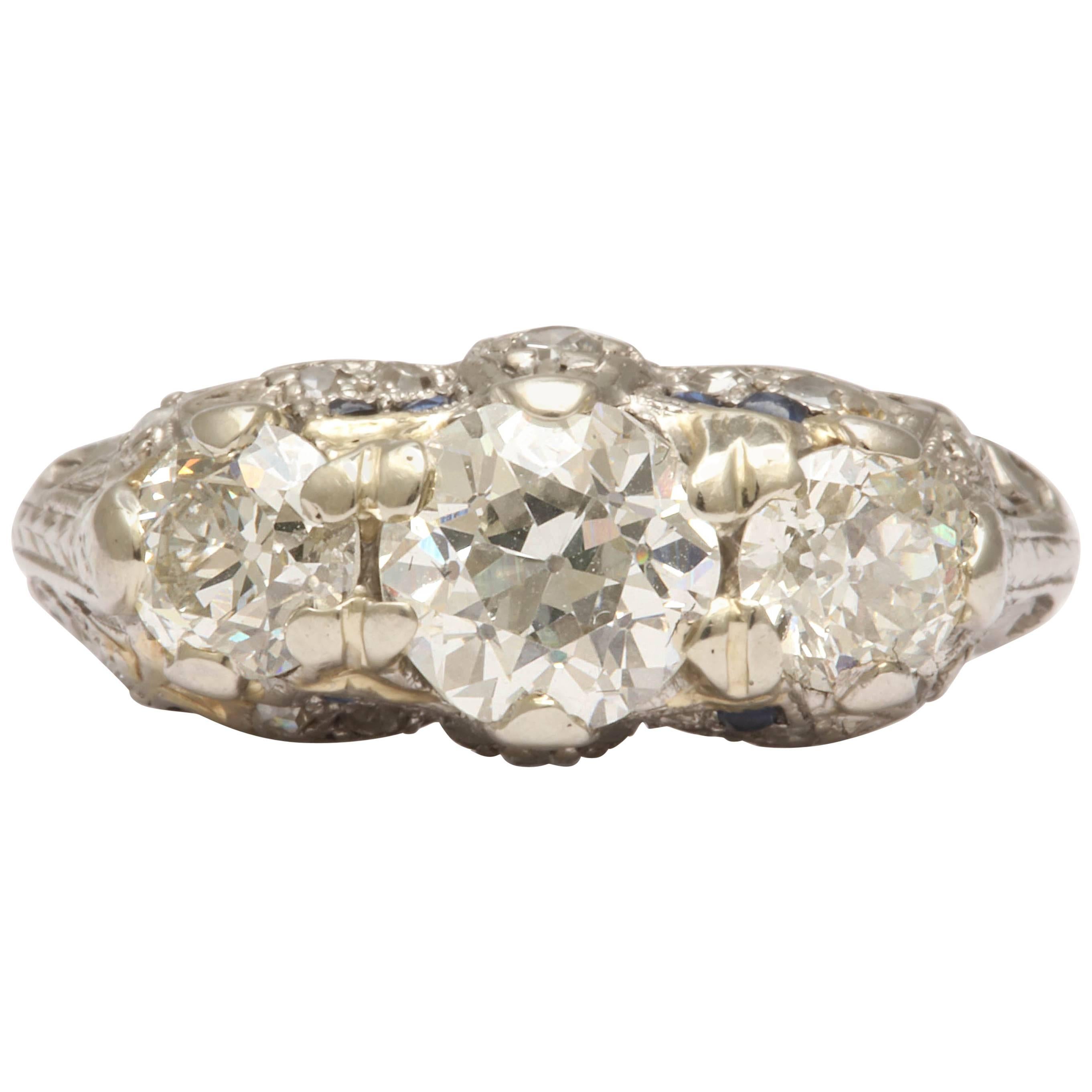 1920's Diamond And Sapphire Three Stone Past, Present And Future  Ring