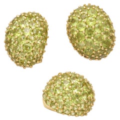 Vintage 1980's Pave Faceted Cut Peridot Gold Clip On Earrings And Ring Suite