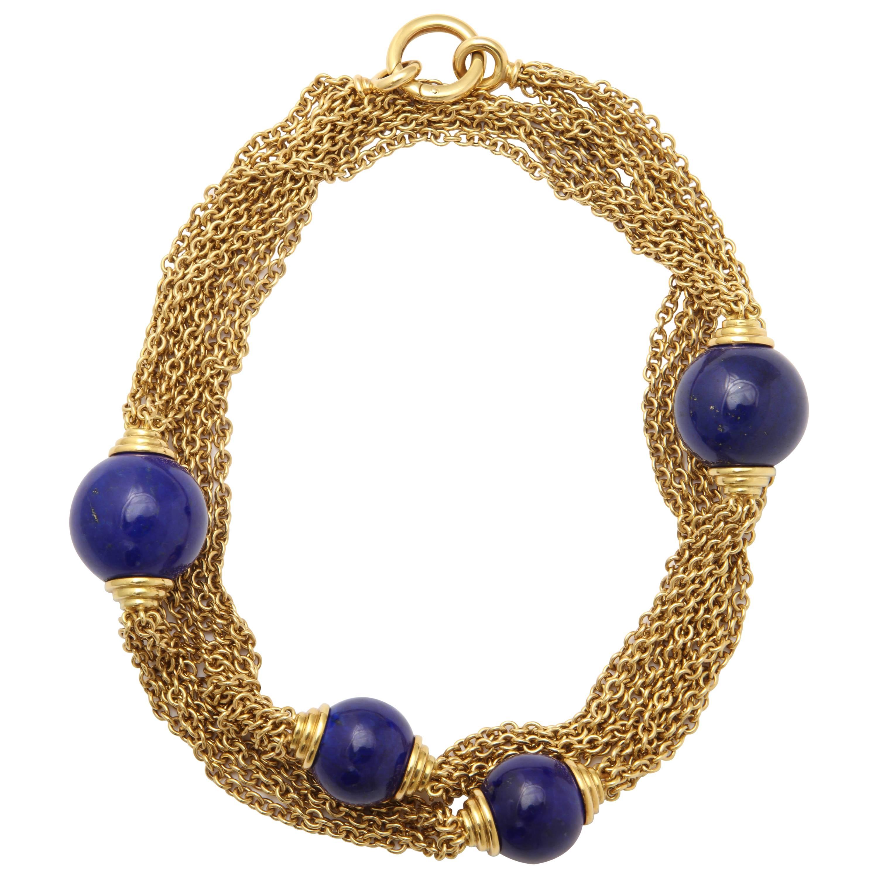 1970's Five Strand Large Lapis Lazuli Long Gold Open Link Chain Necklac